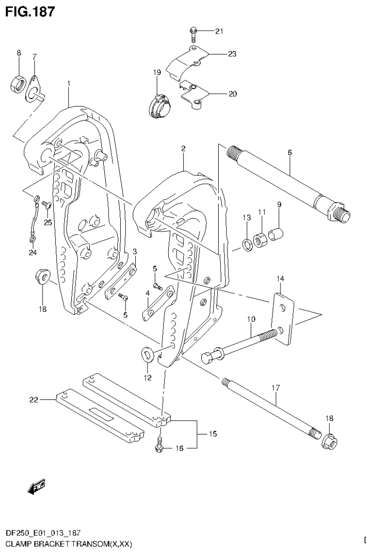Suzuki DF200T, DF200Z, DF225T, DF225Z, DF250T, DF250Z CLAMP BRACKET TRANSOM(X,XX) (DF225Z E1) parts diagram